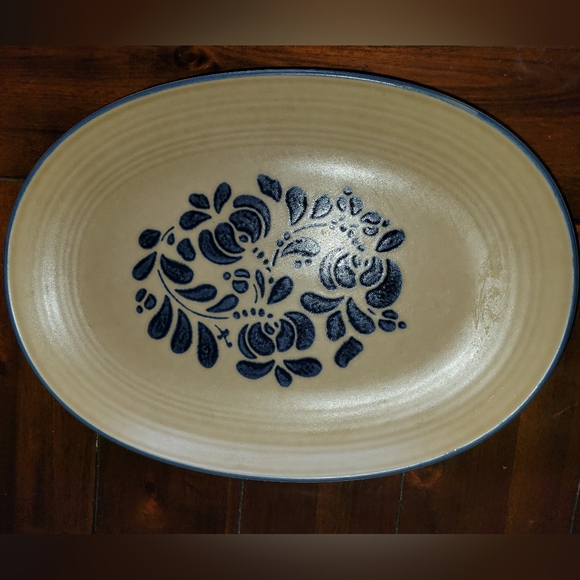 Pfaltzgraff Folk Art Brown 14 inch Oval Serving Platter Tan & Blue Floral Patten - Picture 1 of 3